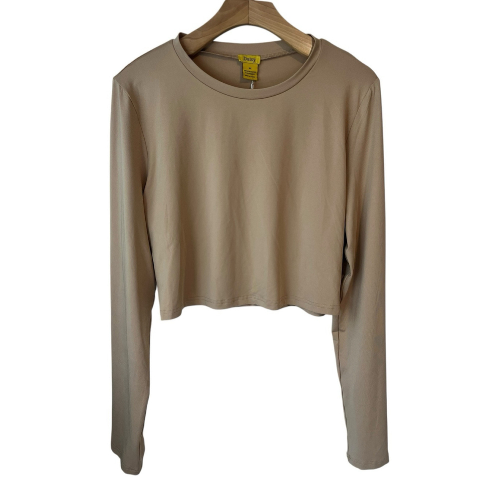 Daisy Cropped Top Women's Size 2X Beige Long Sleeve Stretch Polyester NWT